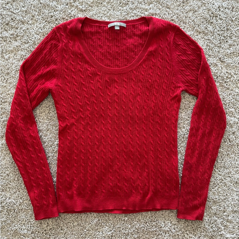 Uniqlo Women's Red Scoop Neck Cable Knit Cashmere Blend Sweater